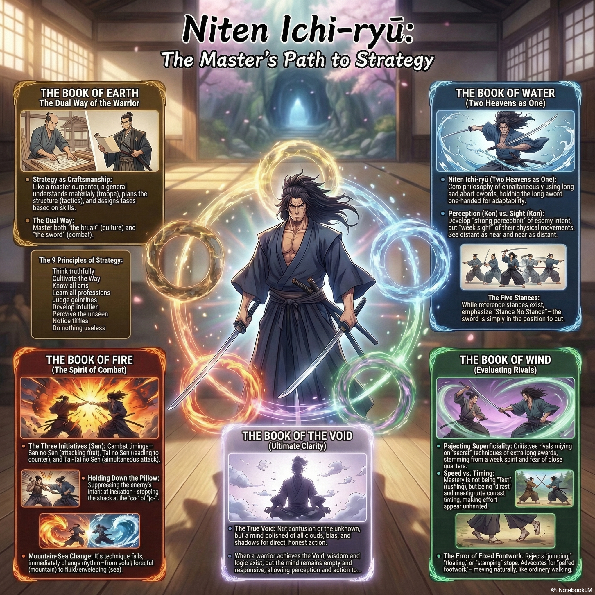 Book of Five Rings infographic — five elements of martial mastery