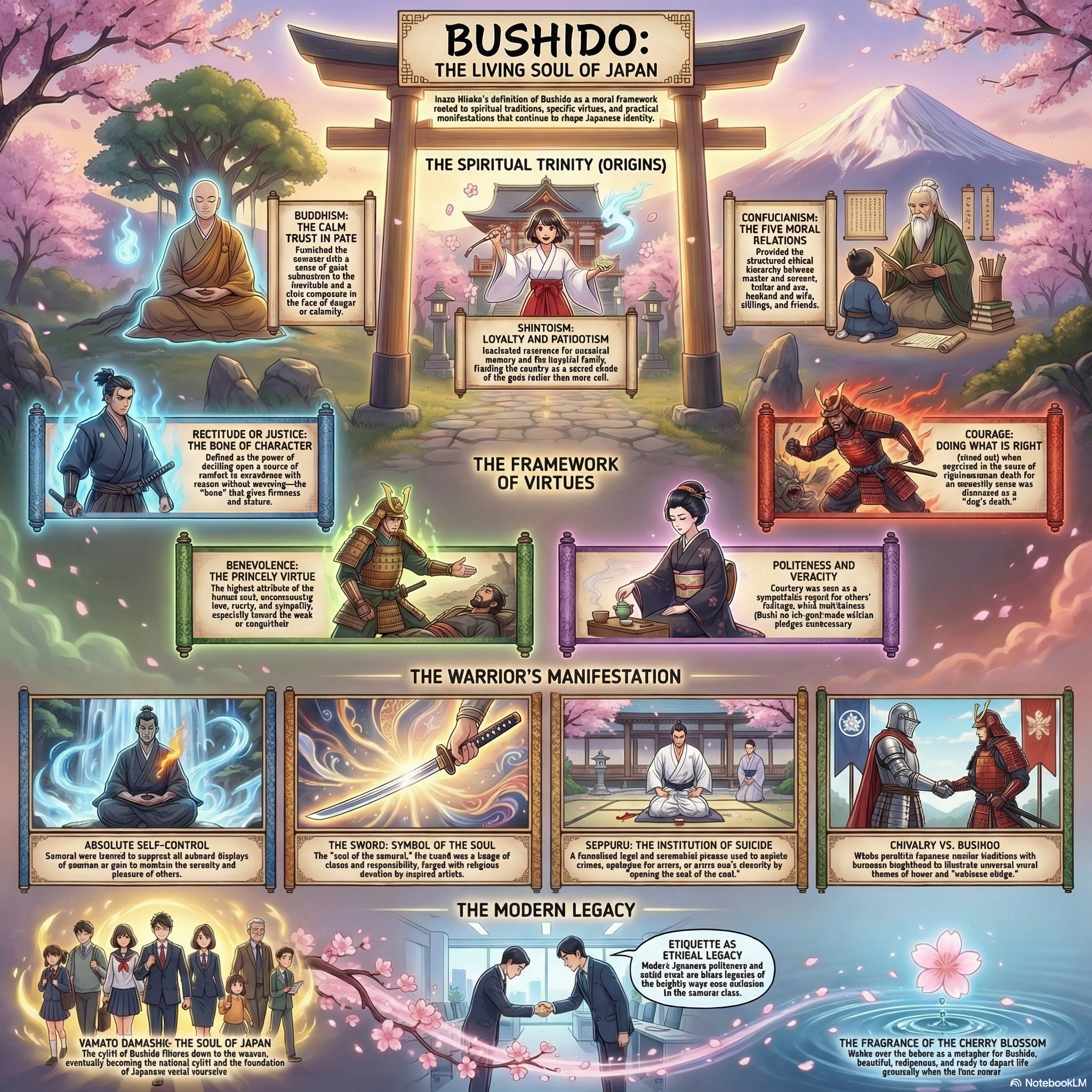 Bushido infographic — the seven samurai virtues